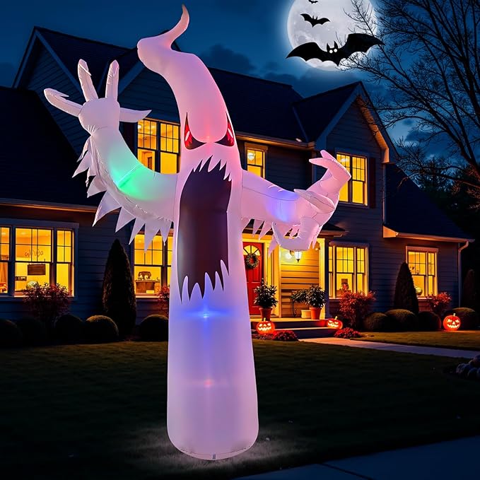 12FT Halloween Inflatables Giant White Ghost, Halloween Inflatable Outdoor Decoration, LED Colored Lights, Scary Red Eyes, Devil Claws, for Indoor and Outdoor Halloween Blow Ups Party Decorations-HomvellaHome
