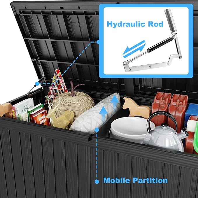 180 Gallon Deck Box,Resin Outdoor Storage Box with Lockable for Patio Furniture, Pool Accessories, Garden Tools Waterproof Outside Storage Box, Black-HomvellaHome