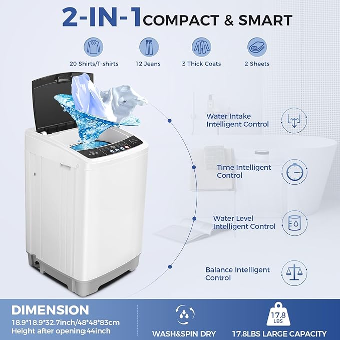 17.8Lbs Portable Washing Machine Nictemaw Portable Washer, 2.3 Cu.ft Washer and Dryer Combo with Drain Pump, 10 Programs 8 Water Level Compact Laundry Washer for Home, Apartment, RV, Dorms-HomvellaHome