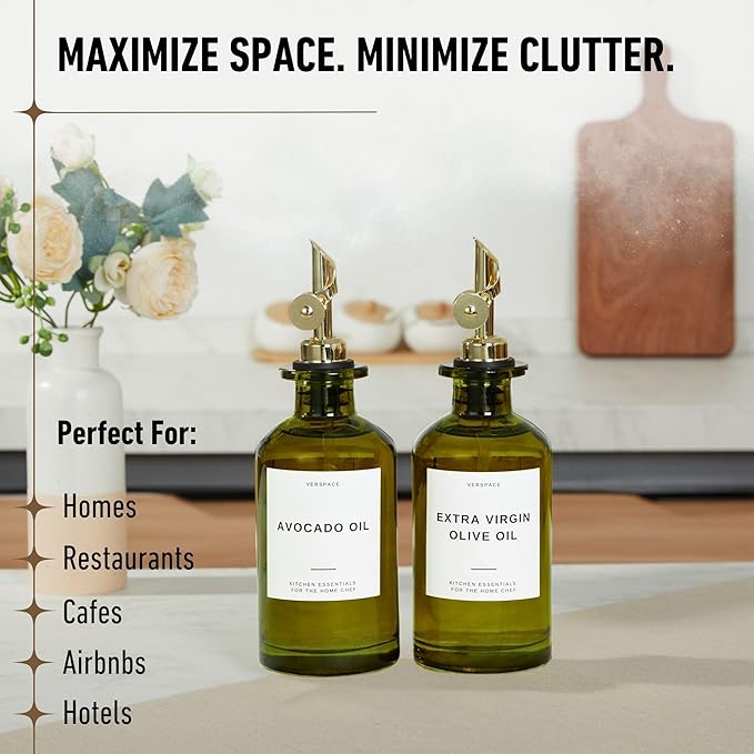 Green Glass Olive Oil Dispenser Bottle For Kitchen By Verpsace,Avocado Oil Dispenser Set, Modern Decor, Gold Kitchen Accessories for Home, Airbnb, Cafe (Gold, Set of 2)-HomvellaHome