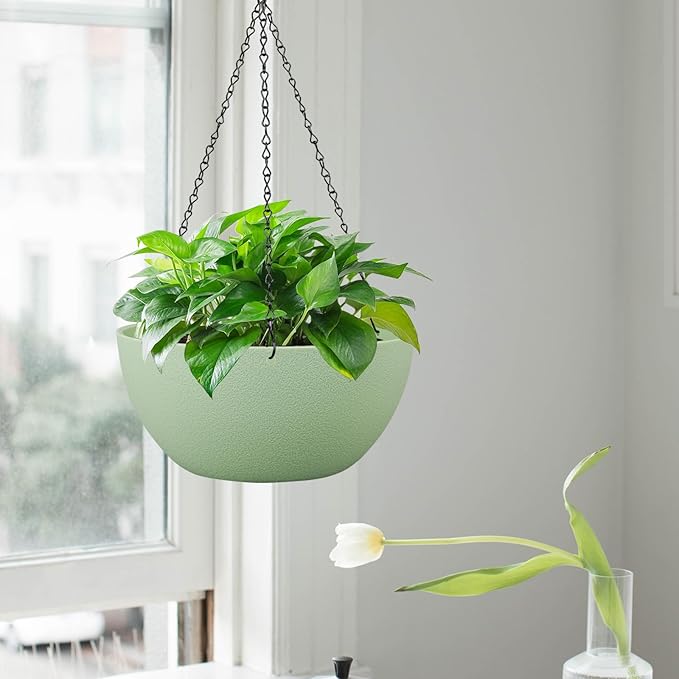13 inch Large Hanging Planters Plant Pots for Outdoor Indoor Plants with Drainage Holes and Chain, 2 Pack Round Hanging Flower Pots for Garden Home Porch Decor, Green-HomvellaHome