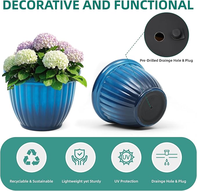 15" H Large Flower Pots, Set of 2 Plastic Planters for Outdoor Plants with Gradient Blue Finish and 3D Textures, Weather-Resistant for Porch, Garden, Patio or Indoor Use-HomvellaHome