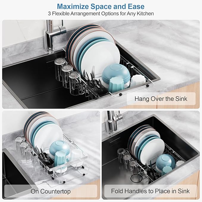 GSlife Expandable in Sink Dish Drying Rack - Capacity Adjustable Stainless Steel Over The Sink Dish Drainer with 2 Cup Holder and Utensil Holder for Kitchen Sink, 10.8"~17.9" L x 14.2" W, Silver-HomvellaHome