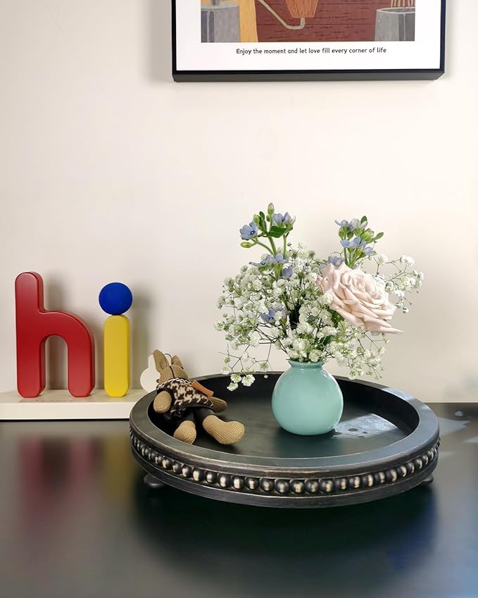 12 Inches Rustic Wooden Decorative Tray, Small Round Beaded Wood Tray for Kitchen Dinning Table Centerpiece Decor Entryway Living Room Home Decor, Black-HomvellaHome