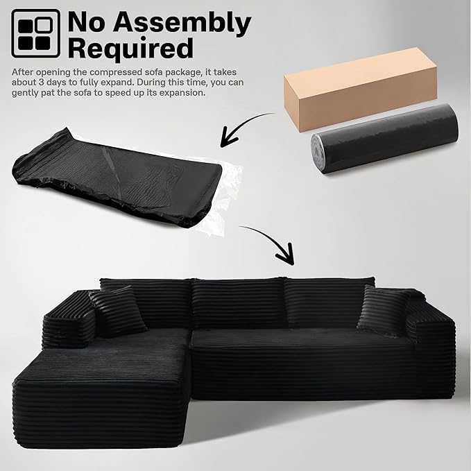 104" Cloudy Sectional L Shaped Couch for Living Room, No Assembly Required, Modular Comfy Sofa with Deep Seat, Fluffy Couch with Sleeper Chaise for Apartment Lounge (Black)-HomvellaHome