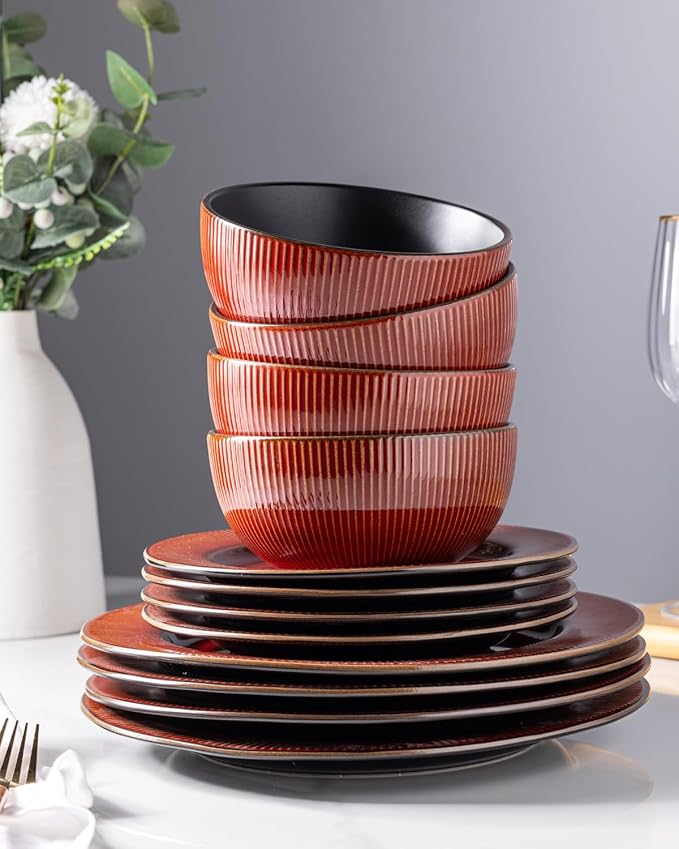 GBHOME Ceramic Dinnerware Sets,12 pcs Embossed Elegant Stoneware Plates and Bowls Sets, Housewarming Wedding Gift | Dishwasher & Microwave Safe | Dishes Set Service for 4-HomvellaHome