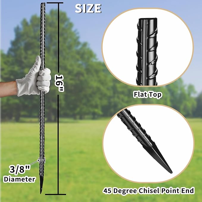 16 inches Rebar Stakes 18-Pack Heavy Duty Ground Stakes Rebar Spikes Garden Stakes Metal Steel Stake for Concrete and Timber Straight Black-HomvellaHome