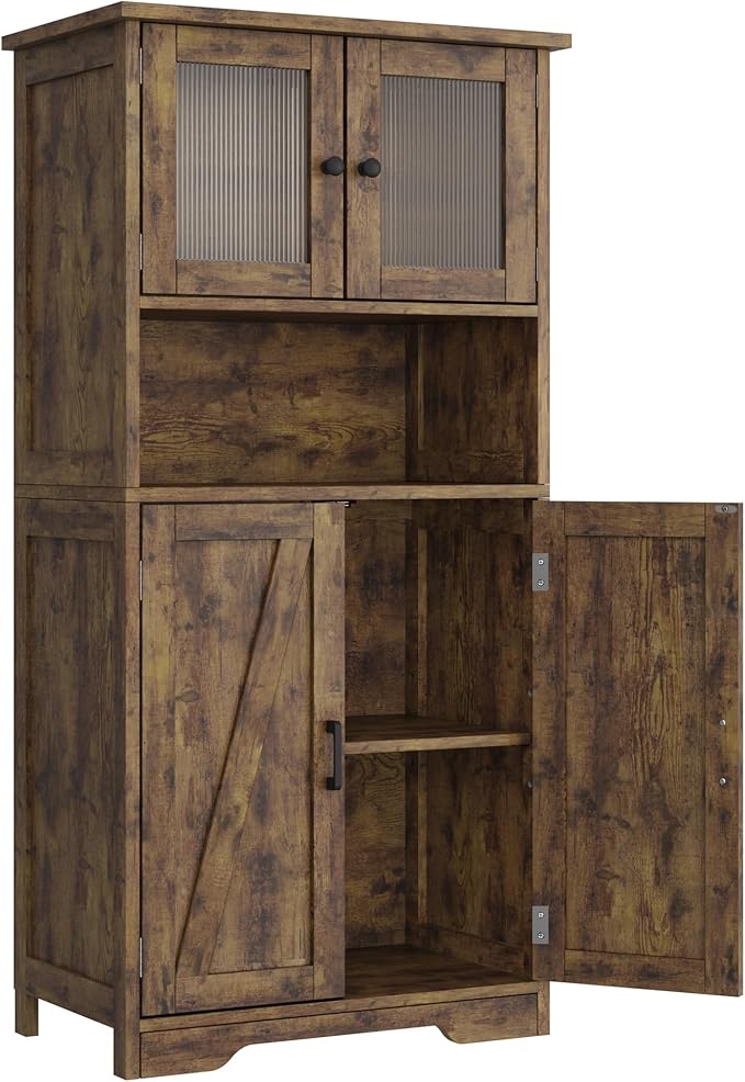 GarveeHome 54in Tall Bathroom Cabinet, Farmhouse Storage Cabinet with Glass Doors and Adjustable Shelves, Freestanding Kitchen Pantry Cabinets, Cupboard for Living Room, Dining Room, Rustic Brown-HomvellaHome