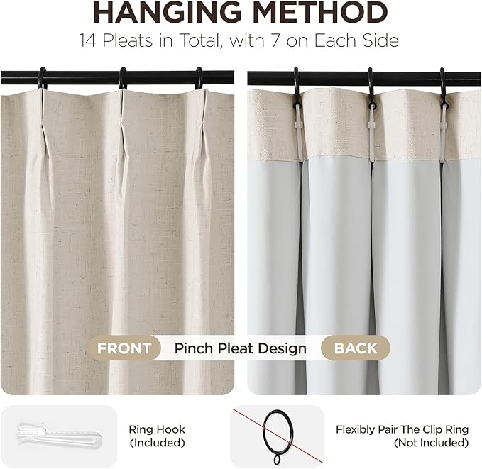 Joydeco Pinch Pleated Linen Curtains Darkening Drapes for Bedroom, 100% Blackout Drapes 96 inches Long 2 Panels Heat Blocking Curtains(Ecru,40'' Wx96'' L)-HomvellaHome