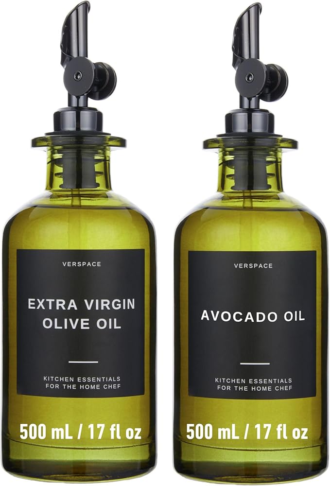 Green Glass Olive Oil Dispenser Bottle For Kitchen By Verpsace,Avocado Oil Dispenser Set, Modern Decor, Gold Kitchen Accessories for Home, Airbnb, Cafe (Black, Set of 2)-HomvellaHome