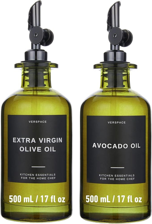 Green Glass Olive Oil Dispenser Bottle For Kitchen By Verpsace,Avocado Oil Dispenser Set, Modern Decor, Gold Kitchen Accessories for Home, Airbnb, Cafe (Black, Set of 2)-HomvellaHome