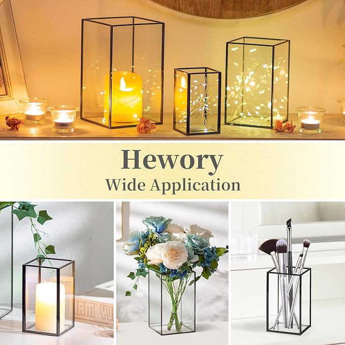 Glass Hurricane Candle Holder Large - Hewory 18pcs Black Rectangle Flower Holders Centerpiece for Table, Tall Floor Square Pillar Candle Lantern for Wedding, Anniversary, Party, Fireplace, Dining Room-HomvellaHome