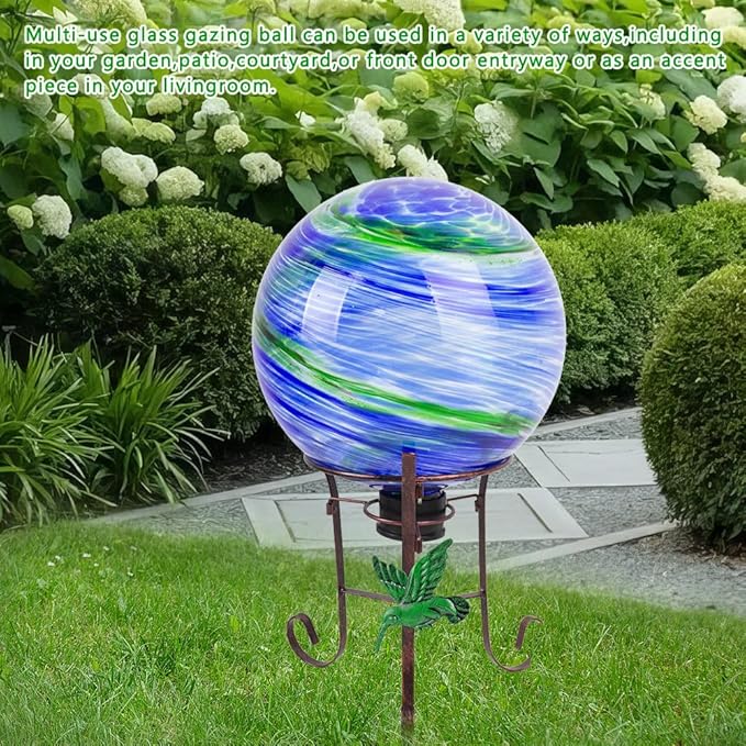 10" Diameter Gazing Ball with 8.5" Hummingbird Metal Stand Outdoor Garden Decor,Glass Globe Sphere Yard Art Decorations Outdoor,Glass Gazing Balls for Garden,Home,Lawn,Patio,Porch(Blue)-HomvellaHome