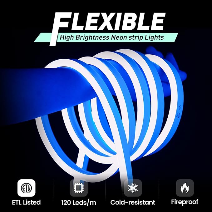 GZBtech Flexible LED Neon Rope Lights 33FT,AC 110-120V Waterproof Strip Light, 120 LEDs/M Cuttable Connectable Neon Lighting for Indoor Outdoor Home Decor/Commercial Building Use-Blue 10M-HomvellaHome