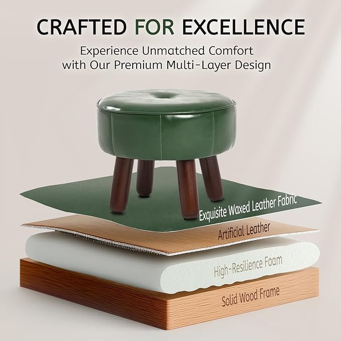 13in Small Foot Stool Ottoman, Round Faux Leather Foot Rest for Couch, Under Desk Pouf Footstool Footrest with Non-Skid Rubber Legs for Ling Room, Bedroom, 13''L x 13''W x 10.2''H, Green-HomvellaHome