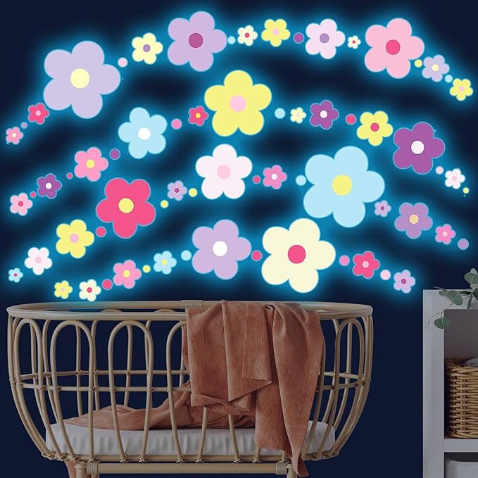 Glow in The Dark Y2k Cute Flowers Wall Decals，Glowing Luminous Colorful Floral Wall Stickers Colorful Removable self-Adhesive Preppy Hippie Stickers for Girls Bedroom-HomvellaHome