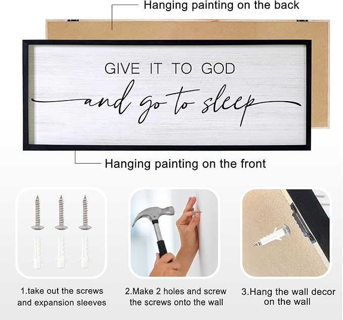 Give It to God and Go to Sleep Decorative Rustic Sign & Plaque Framed Wall Art for Couples, 40''×15'' Cottagecore Wooden Horizontal Wall Decor Above Bed, Vintage Farmhouse Wedding Gift for Bedroom-HomvellaHome