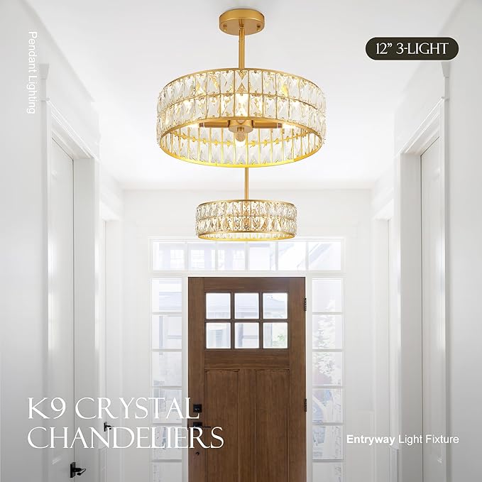 16” 4-Light Modern Crystal Chandeliers Gold Dinning Room Light Fixture, Round Pendant Light Kitchen Island Chandelier, Flush Mount Ceiling Light for Living Room Entryway Bedroom Foyer-HomvellaHome