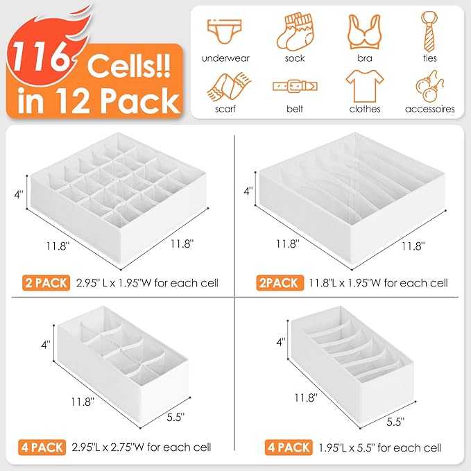 12 Pack Drawer Organizers for Clothing, 116 Large Compartments Fabric Dresser Closet Organizers and Storage Bins for Baby Clothing, Women Men Underwear Socks, Bra, Ties, College Dorm Room Essentials-HomvellaHome