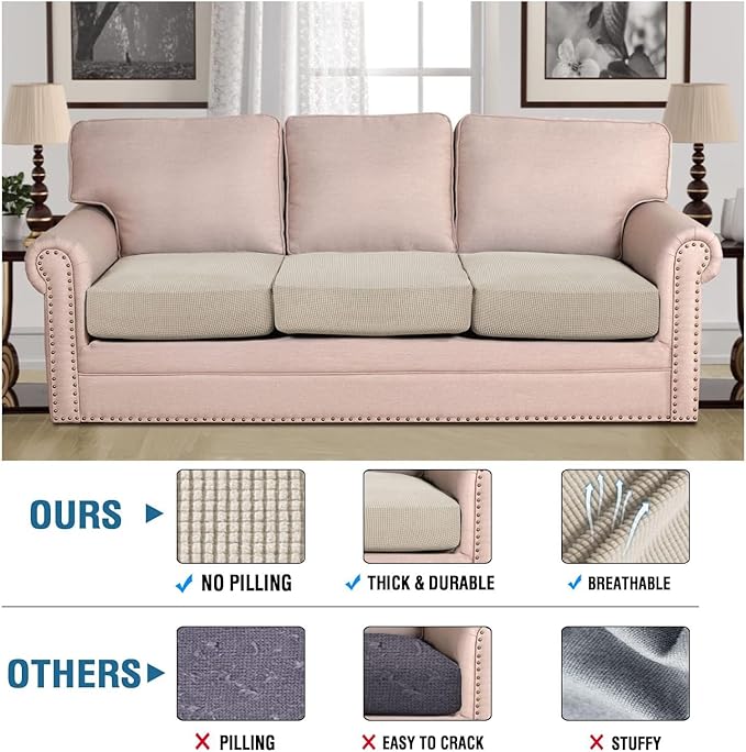 H.VERSAILTEX Super Stretch Individual Seat Cushion Covers - Sofa & Couch Cushion Slipcover Sets - Thick Jacquard Textured Twill Fabric (3 Piece, Island Fossi)-HomvellaHome