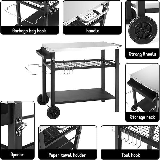 Grill Cart Table with Three Shelf, Movable Outdoor Dining Cart Pizza Oven Stand with Three Hooks, Kitchen Cart Island Multifunction Food Prep Table (Sliver)-HomvellaHome