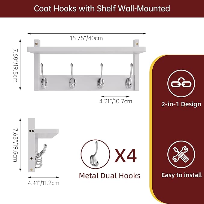 2 Pack Coat Rack Wall Mount, Bamboo Coat Hook with Storage Shelf, Coat Hanger with 8 Dual Hooks, Wall Floating Shelf for Entryway Hallway Kitchen, Bathroom, Bedroom (White+Slive)-HomvellaHome