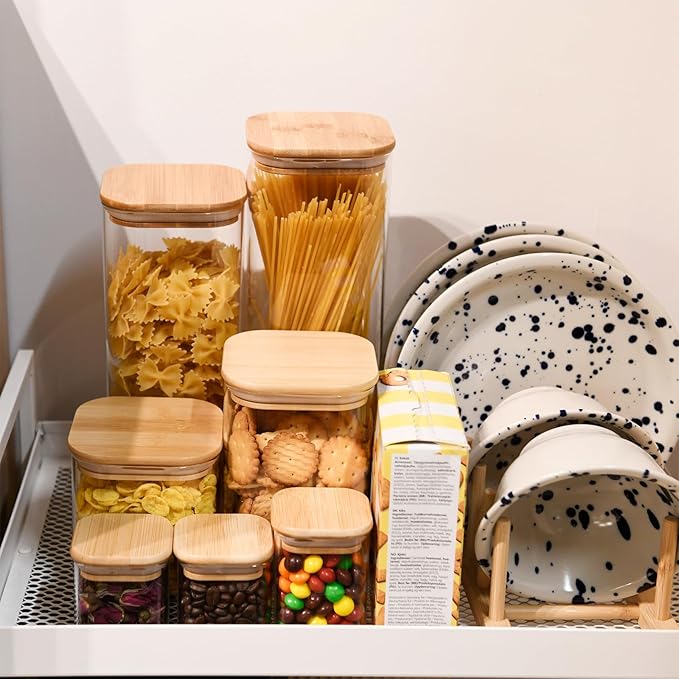 Glass Food Storage Jars Square 8oz, 12 Pack Glass Jars With Bamboo Lids, Kitchen Storage Containers For Spice, Candy, Cookie, Storage For Pantry Organizers-HomvellaHome