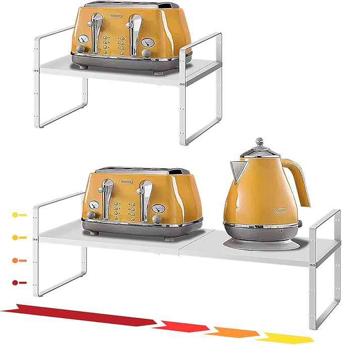 16.5~27.1" Expandable Shelf Organizer, 1Pack 8.1" Wide Stackable Cabinet Shelf Organizers, White Metal Sturdy Kitchen Counter Storage for Countertop, Adjustable Height Spice Rack-HomvellaHome