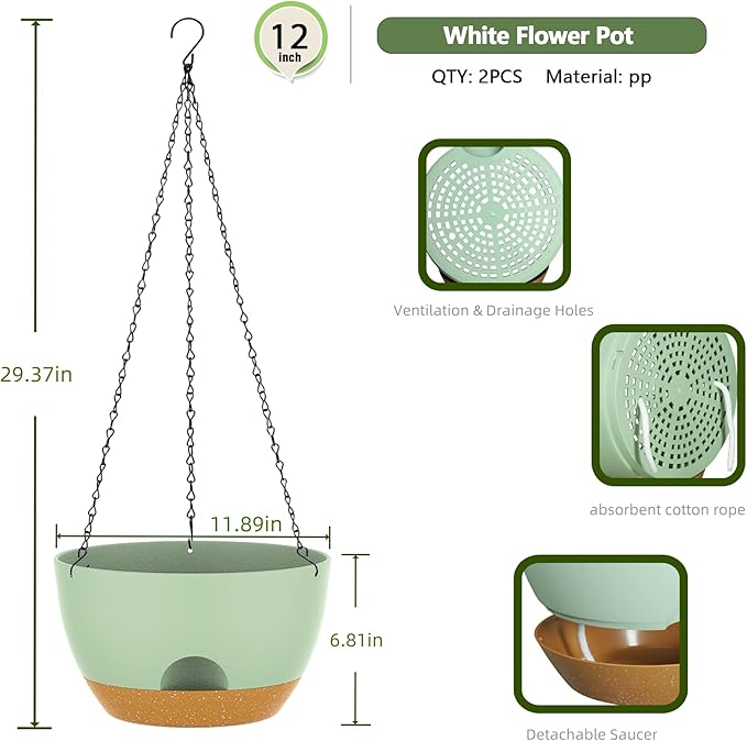 12 Inch Hanging Baskets 2 PC with Chains, Self-Watering Hanging Planters for Indoor Outdoor Plants, Plastic Hanging Flower Pots,Green Brown-HomvellaHome