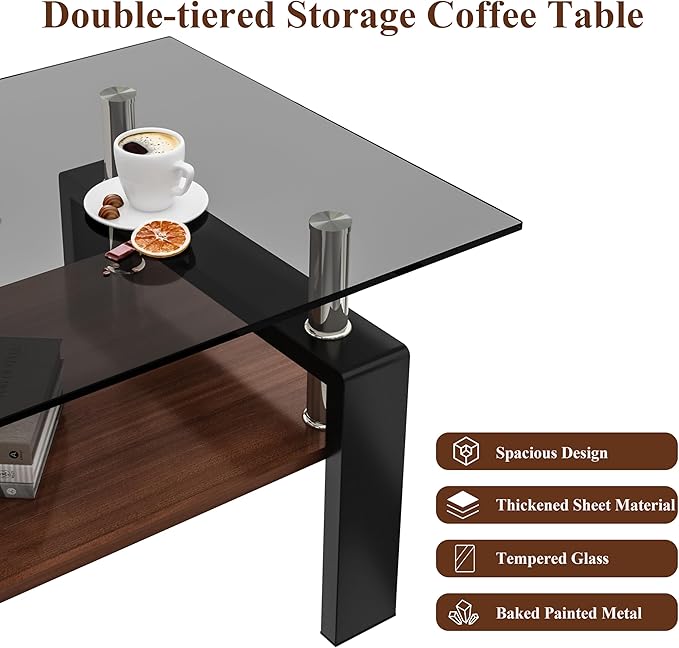 Glass Coffee Table Rectangle Living Room Center Table, with Gray Tempered Glass Tabletop and Brown MDF Layer,for Living Room and Office, Gray+Brown-HomvellaHome