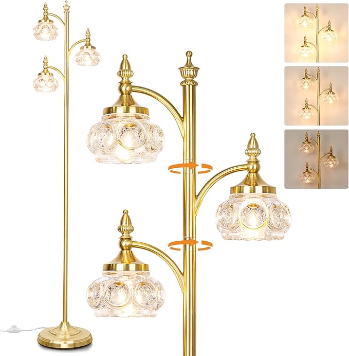 Gold Floor Lamp, Dimmable Tree Floor Lamps for Living Room Brass Tall Standing Lamp with 3 Rotatable Lights Glass Shade 66.5'' Modern Corner Lamp for Bedroom Office(3LED Bulbs Included)-HomvellaHome