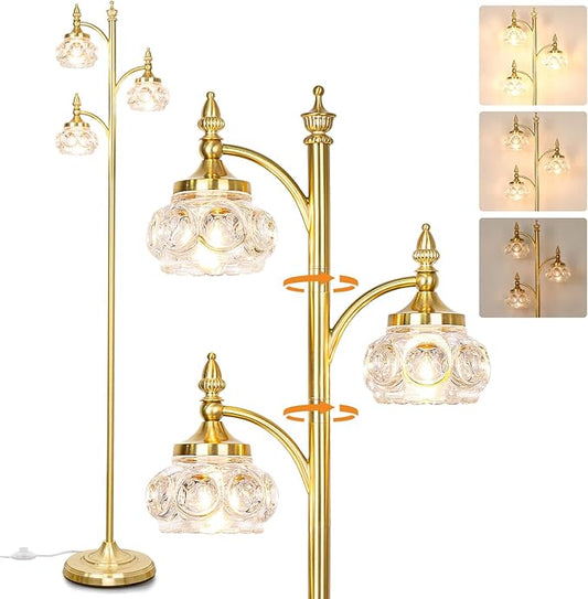 Gold Floor Lamp, Dimmable Tree Floor Lamps for Living Room Brass Tall Standing Lamp with 3 Rotatable Lights Glass Shade 66.5'' Modern Corner Lamp for Bedroom Office(3LED Bulbs Included)-HomvellaHome