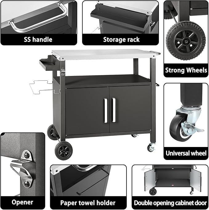 Grill Cart Table with Big Storage Cabinet, Movable Outdoor Dining Cart Pizza Oven Stand, Kitchen Cart Island Multifunction Food Prep Table Stainless Steel Surface-HomvellaHome