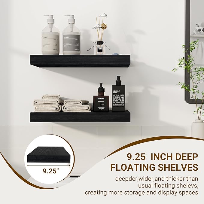 16 Inch Floating Shelves, 16"x9.25"x1.5" Inch Deep Floating Shelves for Wall, Wooden Shelves for Bathroom, Bedroom, Living Room, Black-HomvellaHome