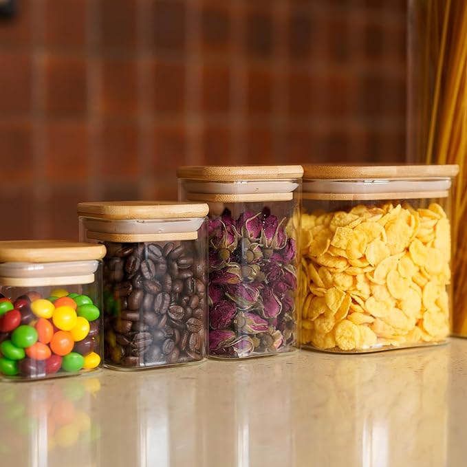 Glass Food Storage Jars Square 6oz, 16 Pack Glass Jars With Bamboo Lids, Kitchen Storage Containers For Spice, Candy, Cookie, Storage For Pantry Organizers-HomvellaHome