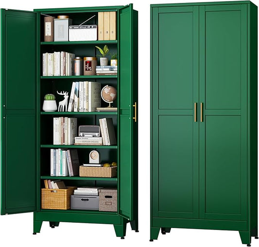 Green Metal Storage Cabinet,75" Steel Cabinets for Home Office, Kitchen Pantry Storage Cabinet with Doors and 5 Adjustable Shelves, Tool Cabinets, for Office, Home, Garage, School-HomvellaHome
