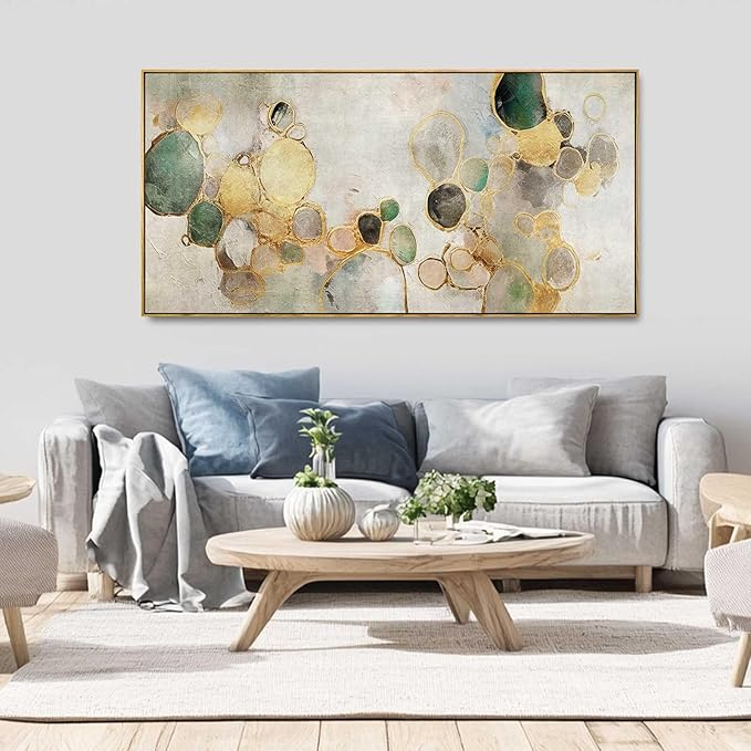 Gold Circle Modern Artwork Framed Abstract Wall Art Green Canvas Decor 24"x48" Wall Decorations for Bedroom Living Room Kitchen-HomvellaHome