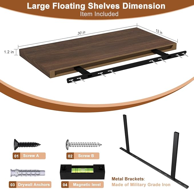 12 Inch Deep Floating Shelves for Wall 2 Pack Floating Shelves Large Storage Space Wall Mount Shelf for Living Room Kitchen Bathroom 30" W x 12" D x 1.2" H Walnut-HomvellaHome