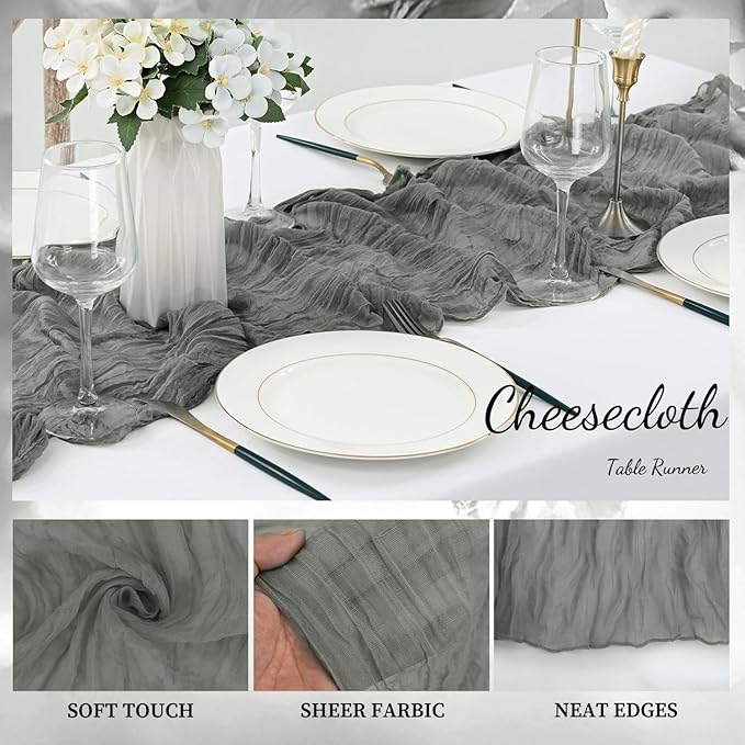 12 Pack Gray 10FT Cheesecloth Table Runner Rustic Gauze Fabric Cheese Cloth Table Runner for Wedding Bridal Baby Shower Table Decor 20 x 120 Inch Long Boho Sheer Birthday Party Table Decorations-HomvellaHome