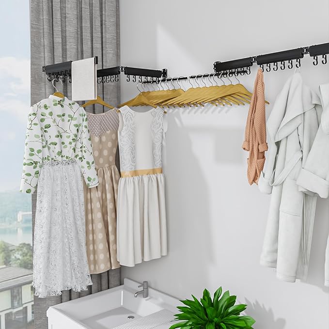 Gezen Clothes Drying Rack, Wall Mounted Drying Rack Clothing Retractable, Foldable Clothes Hanger Rack with 24 Hooks for Laundry Room Organization and Storage, Space Saving, Collapsible, Quad-Fold-HomvellaHome