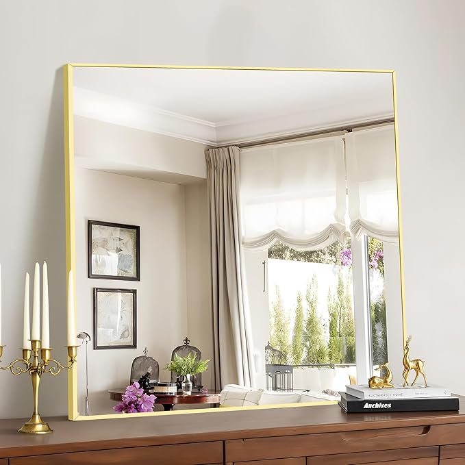 Gold Bathroom Mirror for Wall, 30x30 Inch Rectangle Mirrors with Metal Frame, Modern Vanity Wall Mirror Decor for Bathroom Living Room, Entryway Hangs Horizontal or Vertical-HomvellaHome