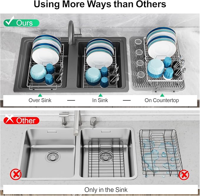 GSlife Stainless Steel Dish Drying Rack - Capacity Expandable in Sink Dish Drainer with Silicone Mat, Over Sink Dish Rack with Utensil Holder for Kitchen Counter, Large Capacity, Silver-HomvellaHome