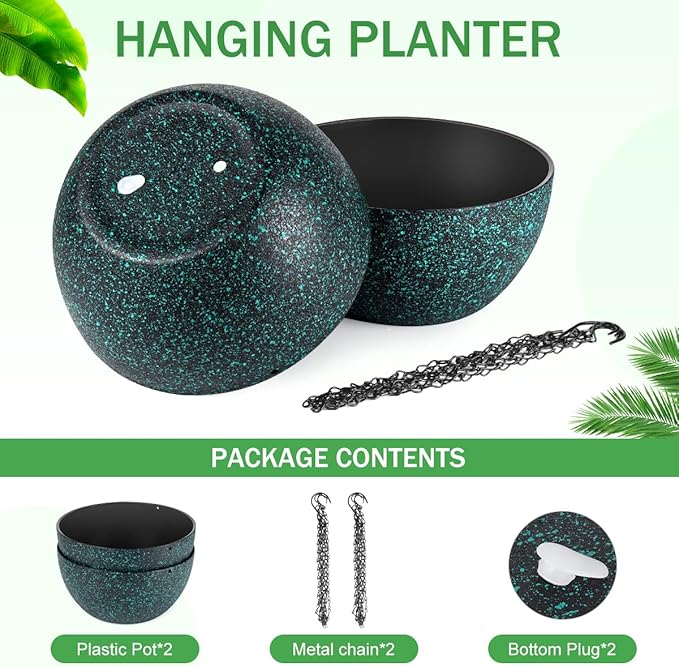 10 inch Hanging Planters for Indoor Plants, 2 Pack Planters for Outdoor Plants with Drainage Holes and Chain, Round Plastic Hanging Baskets, Hanging Flower Pots for Balcony Garden Decor-Black Speckle-HomvellaHome