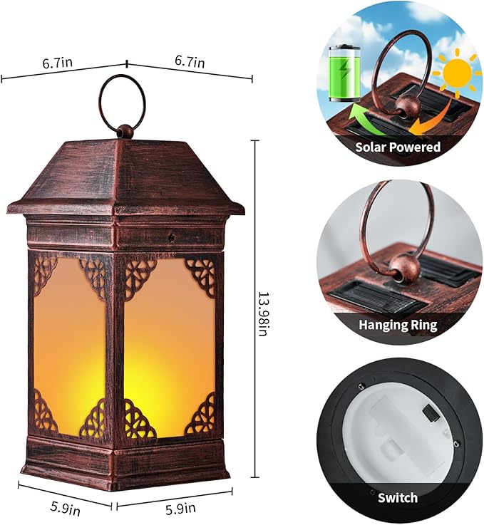 14" Solar Lanterns Outdoor Waterproof, Glass Flickering Flame Solar Lantern, Hanging Metal Lantern Decorative for Patio Front Porch Garden Backyard Tabletop Party Decoration-HomvellaHome