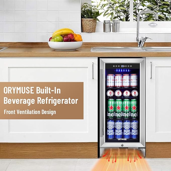 15 Inch Beverage Refrigerator, 130 Can Capacity Under Counter Fridge with Lock & Glass Door, Quiet Built-in or Freestanding Beer Cooler, Powerful Compressor for Fast Cooling-HomvellaHome