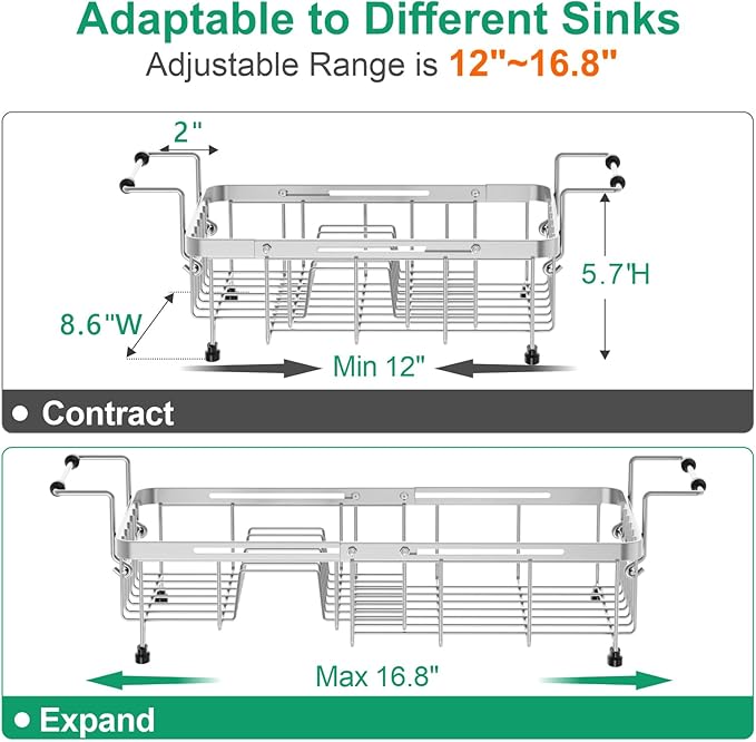 GSlife Expandable in Sink Dish Drying Rack Small with Silicone Mat - Stainless Steel Capacity Adjustable Over The Sink Dish Rack with Utensil Holder for Counter or Inside Sink (12.4" -16.8"), Silver-HomvellaHome