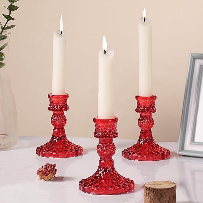 12Pcs Red Candlestick Holders Set- 4" H Taper Candle Holders Bulk, Glass Candle Holders for Activities, Party, Romantic Dinner Table Centerpieces, Festival Gifts & Windowsill Decor-HomvellaHome