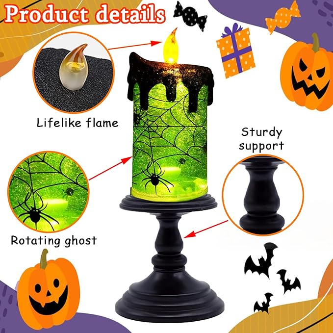 1.Halloween Snow Globe Tornado Flameless Candles Table Centerpiece for Celebration Party,Battery Operated LED Candle with 6 Hours Timer for Home Indoor Halloween Decoration (Spider)-HomvellaHome