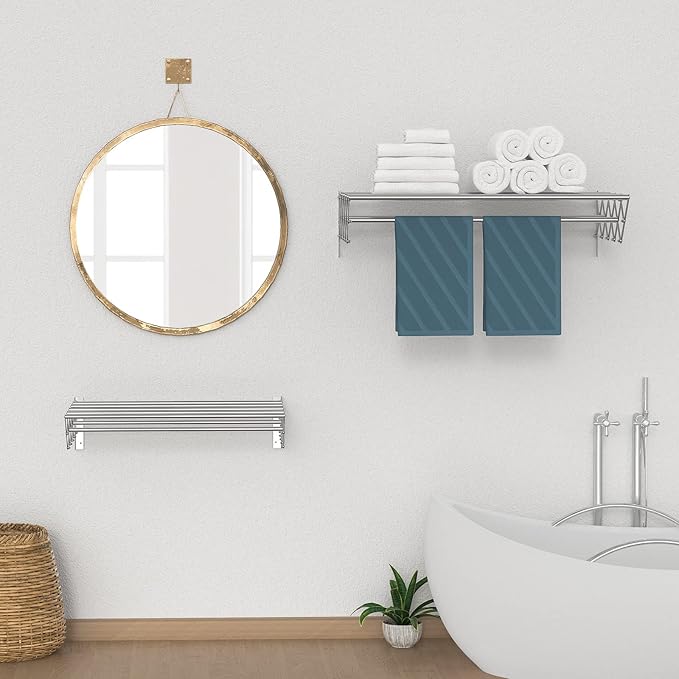 Guevara Wall Mounted Clothes Drying Rack,Stainless Steel Foldable Drying Rack for Laundry Room/Bathroom Tower，Easy to Install 31-inch Rod, 120 lbs Large Capacity- Indoor and Outdoor Use-HomvellaHome