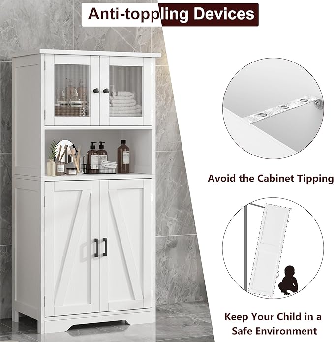 GarveeHome 54in Tall Bathroom Cabinet, Farmhouse Storage Cabinet with Glass Doors and Adjustable Shelves, Freestanding Kitchen Pantry Cabinets, Cupboard for Living Room, Dining Room, White-HomvellaHome